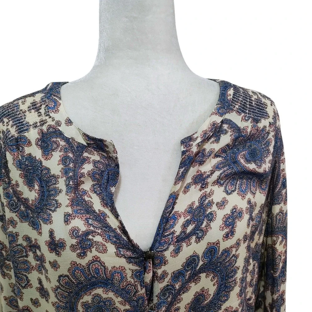 Lucky Brand Paisley Print Long Sleeve V Neck Blouse Women's Large Cream Blue‎